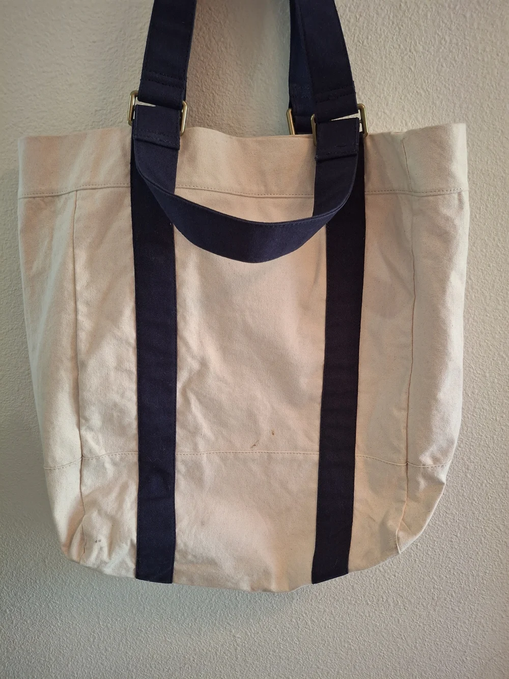 J. Crew Cream Canvas Tote with Navy Straps